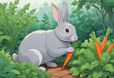 A gray rabbit eats a carrot in a garden