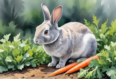 A gray rabbit sits near two carrots in a garden