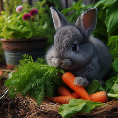 A gray bunny eats carrots and greens in a garden