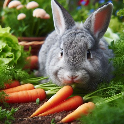 A gray rabbit eats carrots in a garden