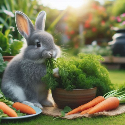 A gray rabbit eats greens in a garden