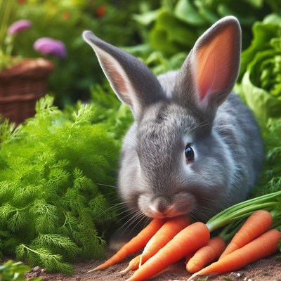A gray rabbit eats carrots in a garden