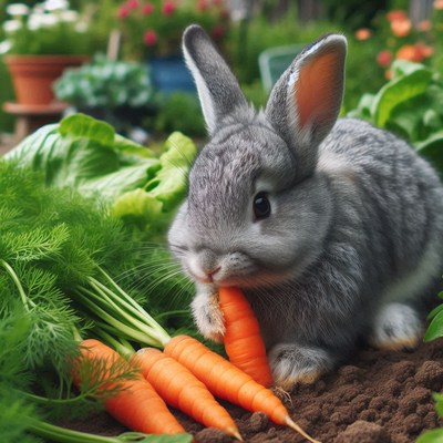 Gray bunny eating carrot