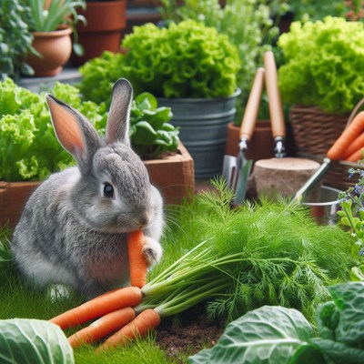 A gray rabbit eats a carrot in a garden