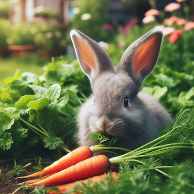 A gray bunny sits in a garden, eating carrots