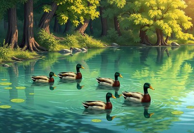 Ducks swim in a calm forest pond