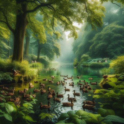 Ducks swim in a serene forest river