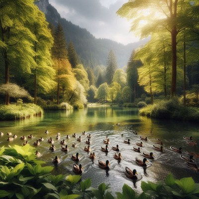 Ducks swim in a serene forest lake