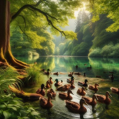 Ducks swim in a calm river surrounded by lush greenery