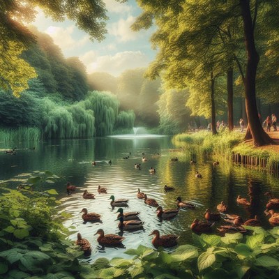 Ducks swim in a pond surrounded by trees on a sunny morning