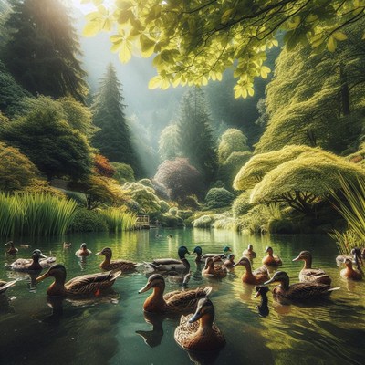 Ducks swim in a peaceful pond surrounded by lush greenery