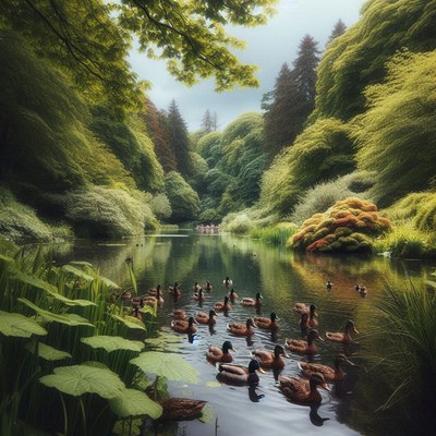 Ducks swim on a still lake in a green forest