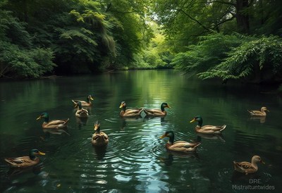 Ducks swim in a green pond surrounded by trees