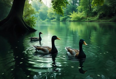 Three ducks swim in a calm pond surrounded by lush greenery