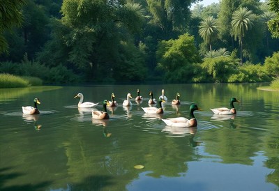 Ducks swim in a calm pond surrounded by lush greenery