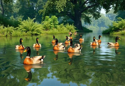 Ducks swim in a calm, green river surrounded by trees