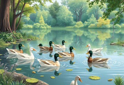 Ducks swim peacefully in a lake surrounded by trees