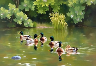 Ducks swim in a pond on a sunny day