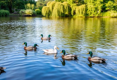 Ducks swim peacefully in a lake surrounded by trees