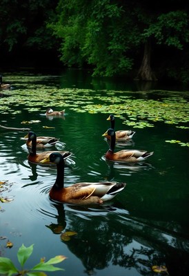 Ducks swim peacefully in a green pond