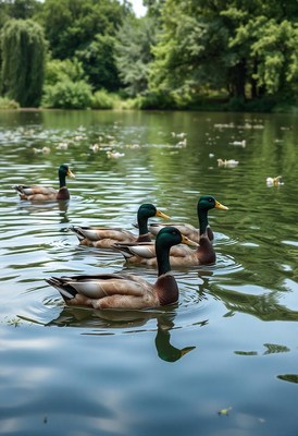 Four ducks swim in a pond surrounded by trees
