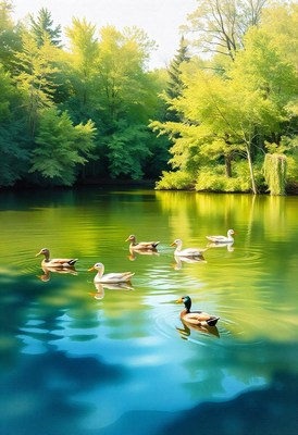 A serene scene of a lake surrounded by lush green trees