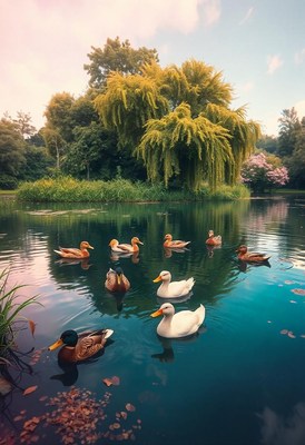 Ducks swim peacefully in a pond surrounded by trees