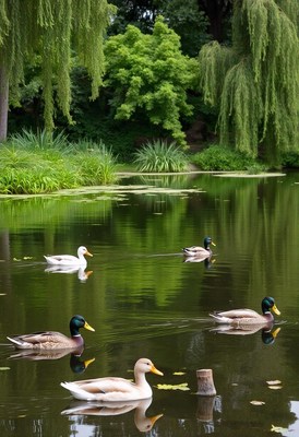 Four ducks swim in a serene pond