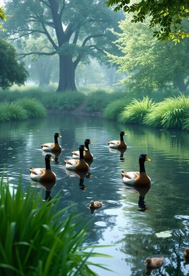 Ducks swim in a tranquil pond surrounded by green trees