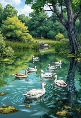 Ducks swim in a tranquil pond surrounded by trees