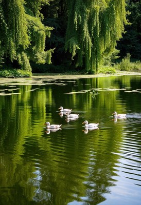 White ducks swim in a calm pond under a willow tree