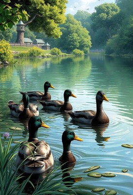 Ducks swim in a serene lake near a forest