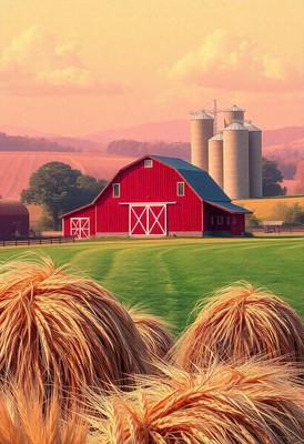 A red barn stands tall in a field of hay bales at sunset