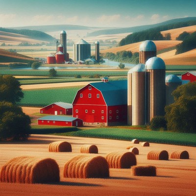 A red barn sits on a farm in the countryside