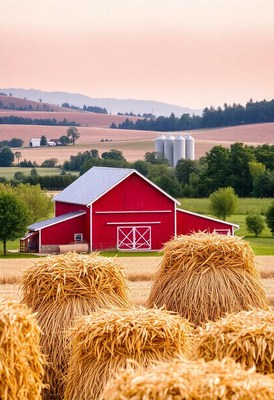 A red barn sits in a field of hay bales