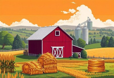 A red barn in a field with hay and silos nearby