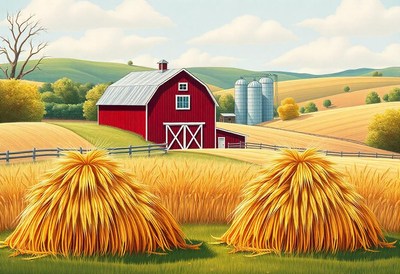 Hay bales sit in a field near a red barn