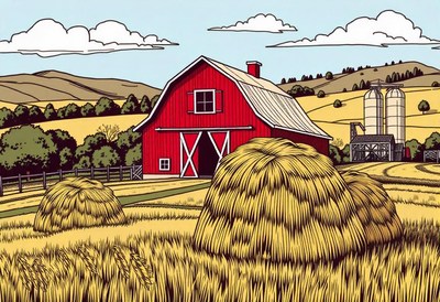 A red barn sits in a field of hay bales