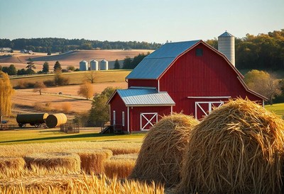 A red barn stands in a field of hay bales