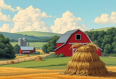 A red barn sits on a farm on a sunny day