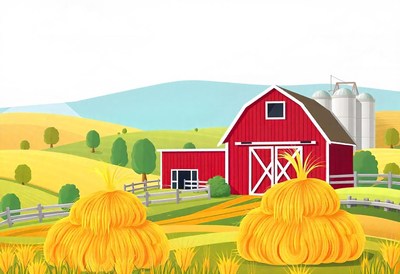 A red barn sits in a green field with hay bales