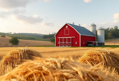 A red barn sits in a field of golden wheat