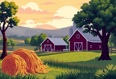 Hay bales sit in a field near a red barn