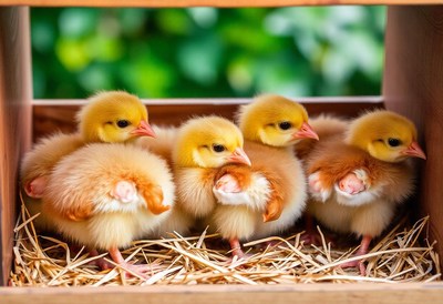 Four fluffy chicks huddle together in a nest