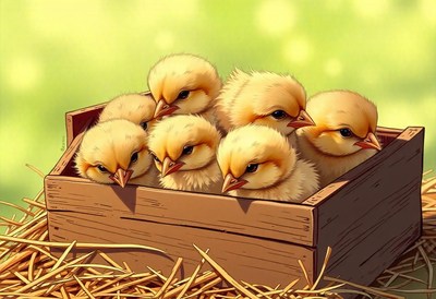 Six chicks huddle together in a wooden box