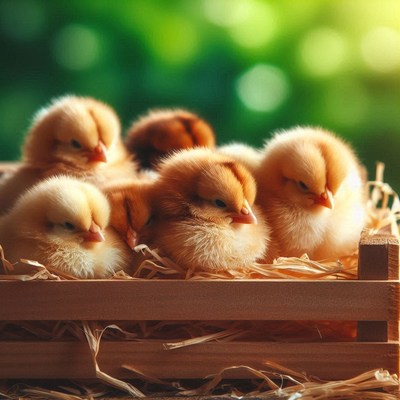 Five fluffy chicks rest in a crate