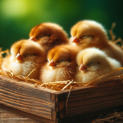 Five fluffy chicks sleep peacefully in a nest