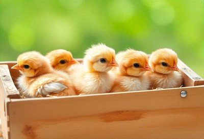 Five chicks huddle together in a wooden box