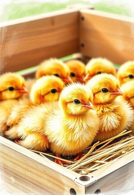 Baby chicks huddle together in a wooden box