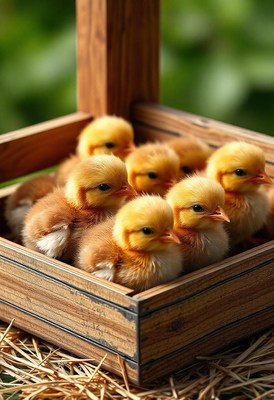 A group of chicks huddle together in a wooden crate